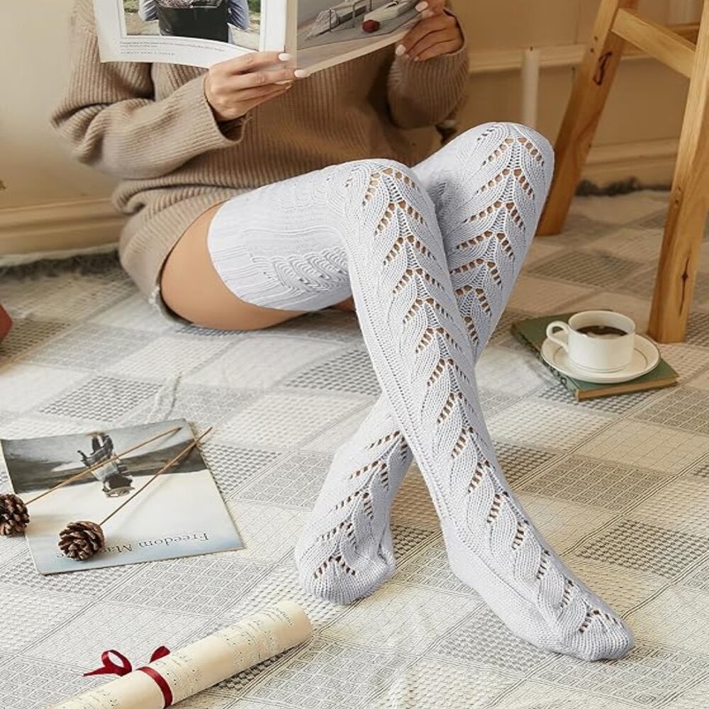 Thigh High Socks for Women Cable Knit Over the Knee Boot Socks-GRAY
